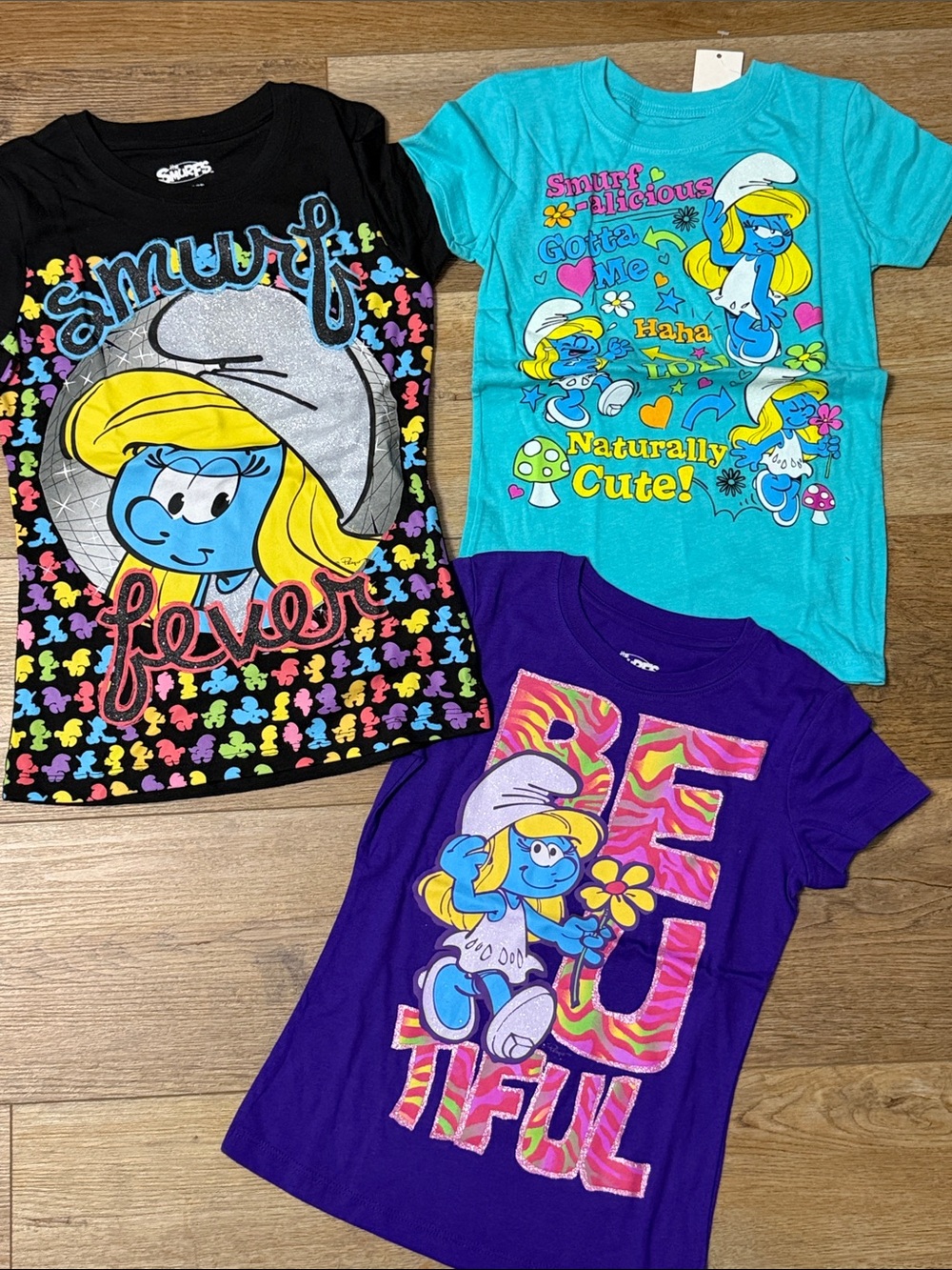 Smurfette Short Sleeve Graphic Tee Trio - Black, Teal, Purple size 7/8